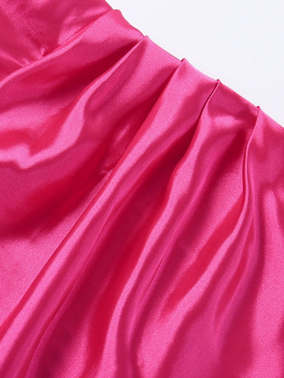 Fuchsia Pink Tube Top Pleated Slit Satin Maxi Dress