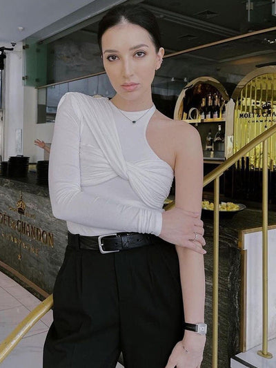 Ruched One Shoulder Pleated Bodysuit Top