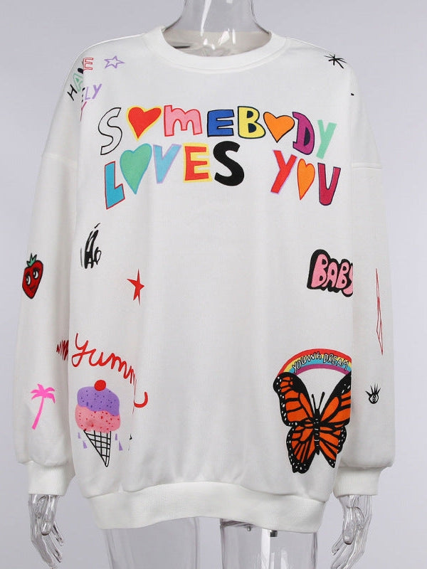 Oversized Graphic Print Loose Pullover Sweatshirt