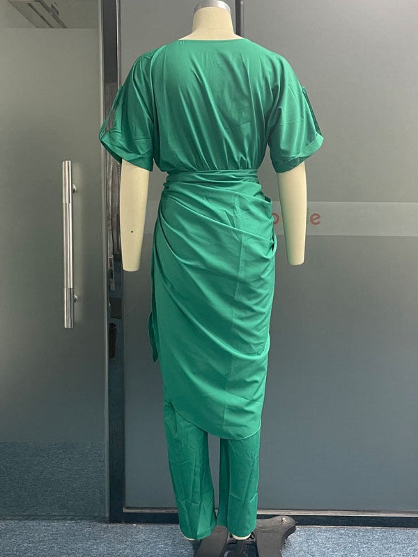 Casual V Neck Short Sleeve Jumpsuit Style Coord Set