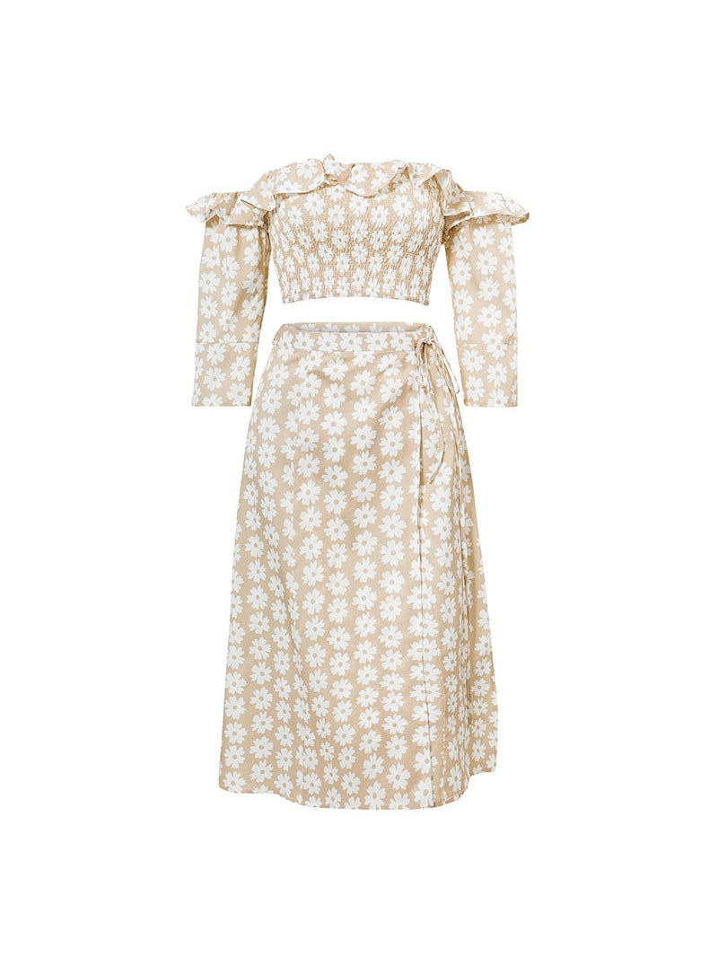 Twist Off Shoulder Ruffle Beach Top & Floral Print Skirt Coord Set