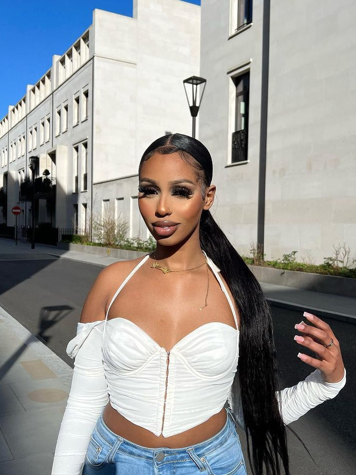 Mesh See through Square Collar Crop Pleated Top