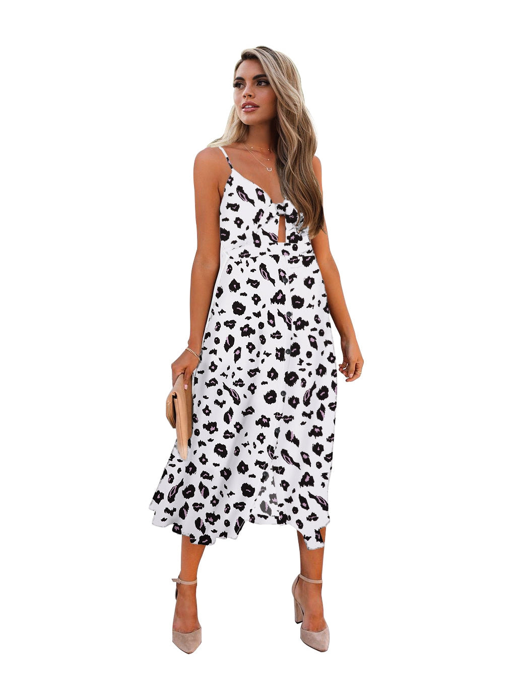 V Neck Spaghetti Strap Leopard Print Midi Dress