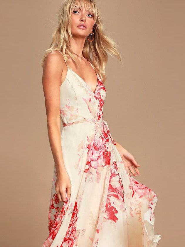 Floral Strap Dress Lace Up Split Summer Dress