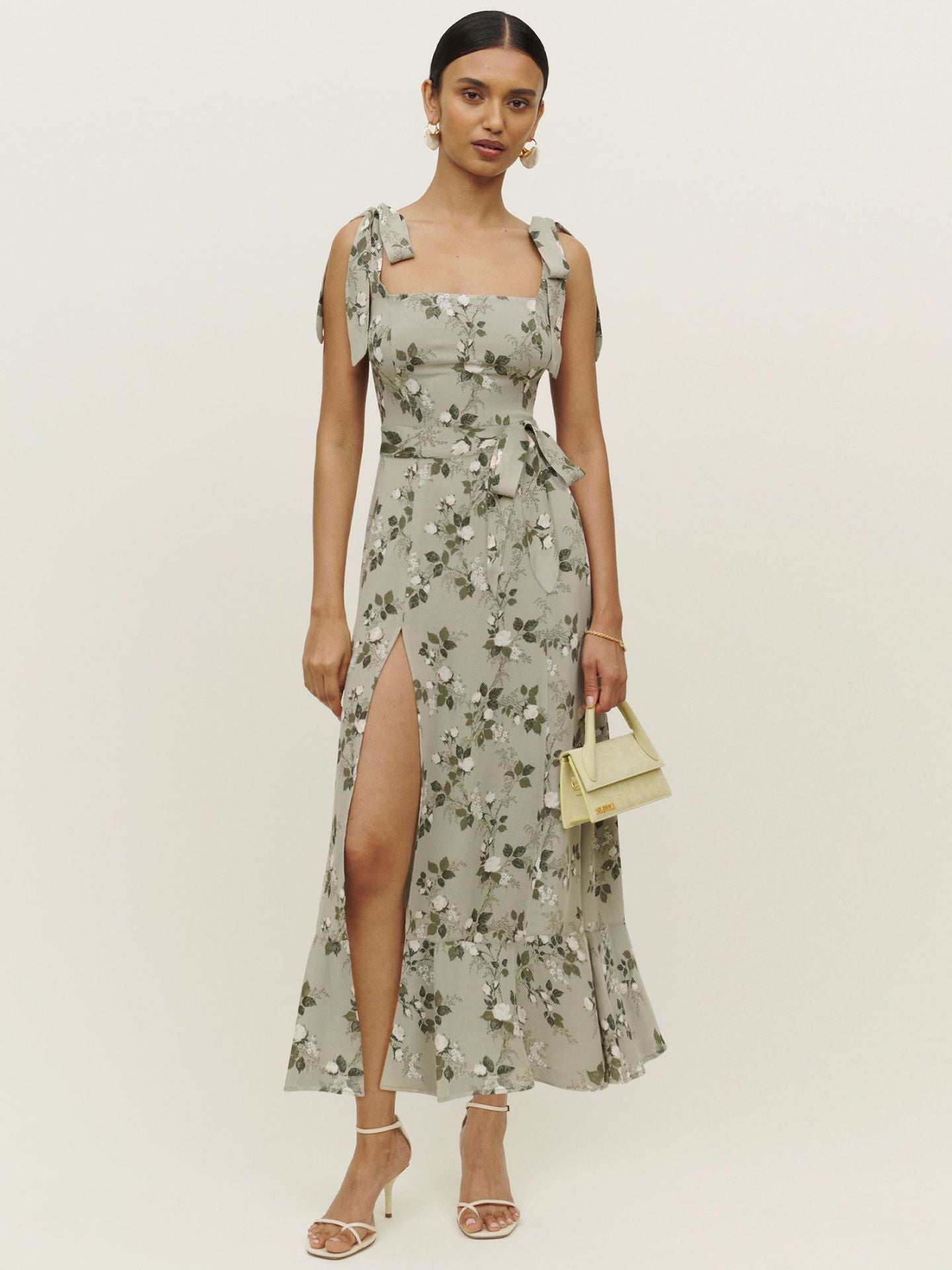 Floral Print Reformation Corset Top Midi Dress With Split Skirt