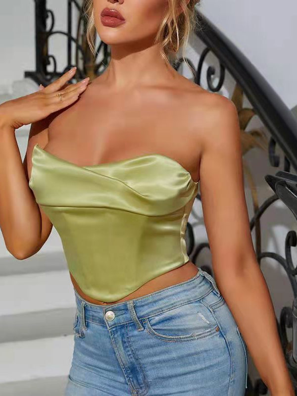 Pile Collar Cropped Boning Corset Tube Top