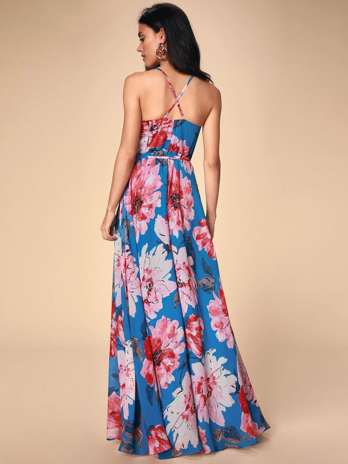 Floral Strap Dress Lace Up Split Summer Dress