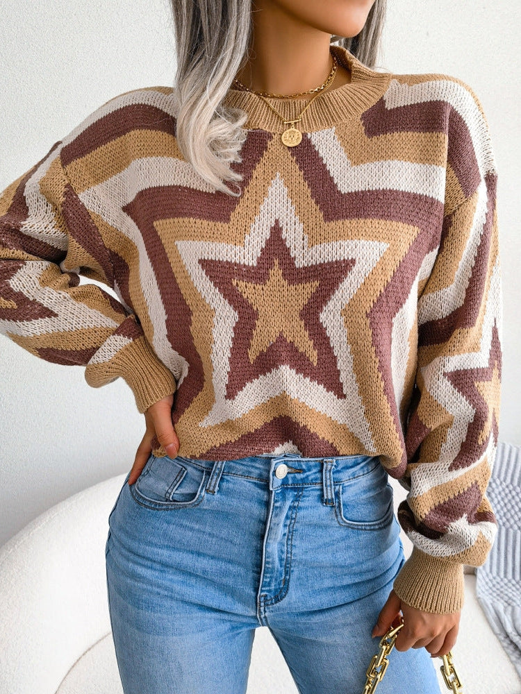 Star Print Long Sleeve Pullover Sweater
