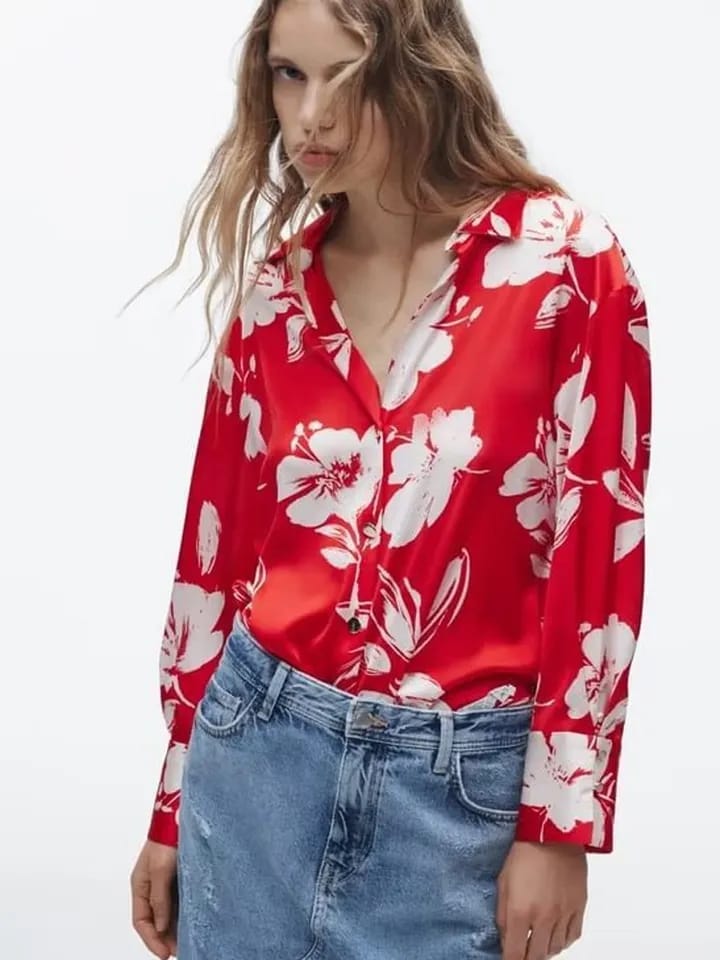 Red Floral Print Satin Shirt