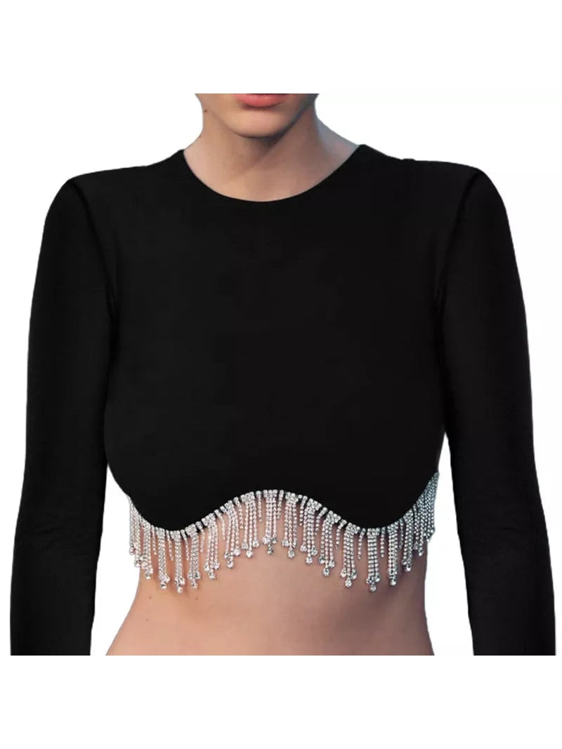 Full Sleeves Rhinestone Tassel Crop Top