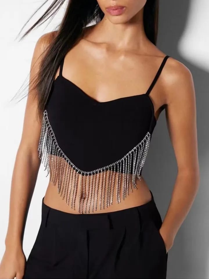 Spaghetti Strap Rhinestone Tassle Crop Top