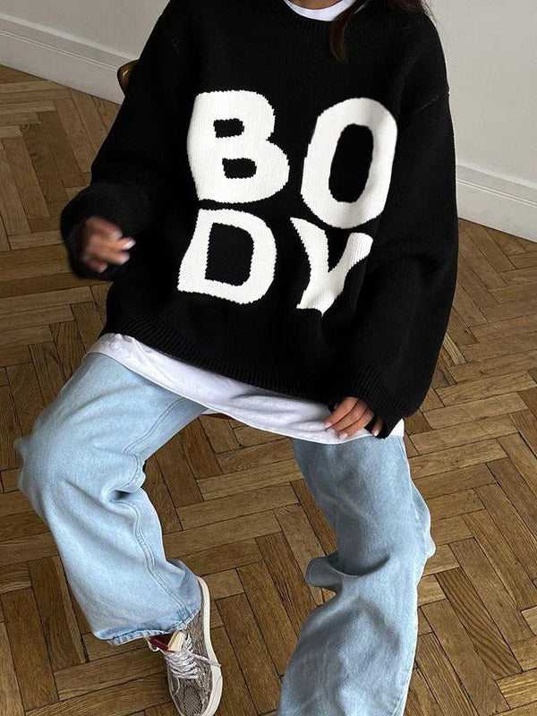 Knitted Boy Letter Print Oversized Sweater Top