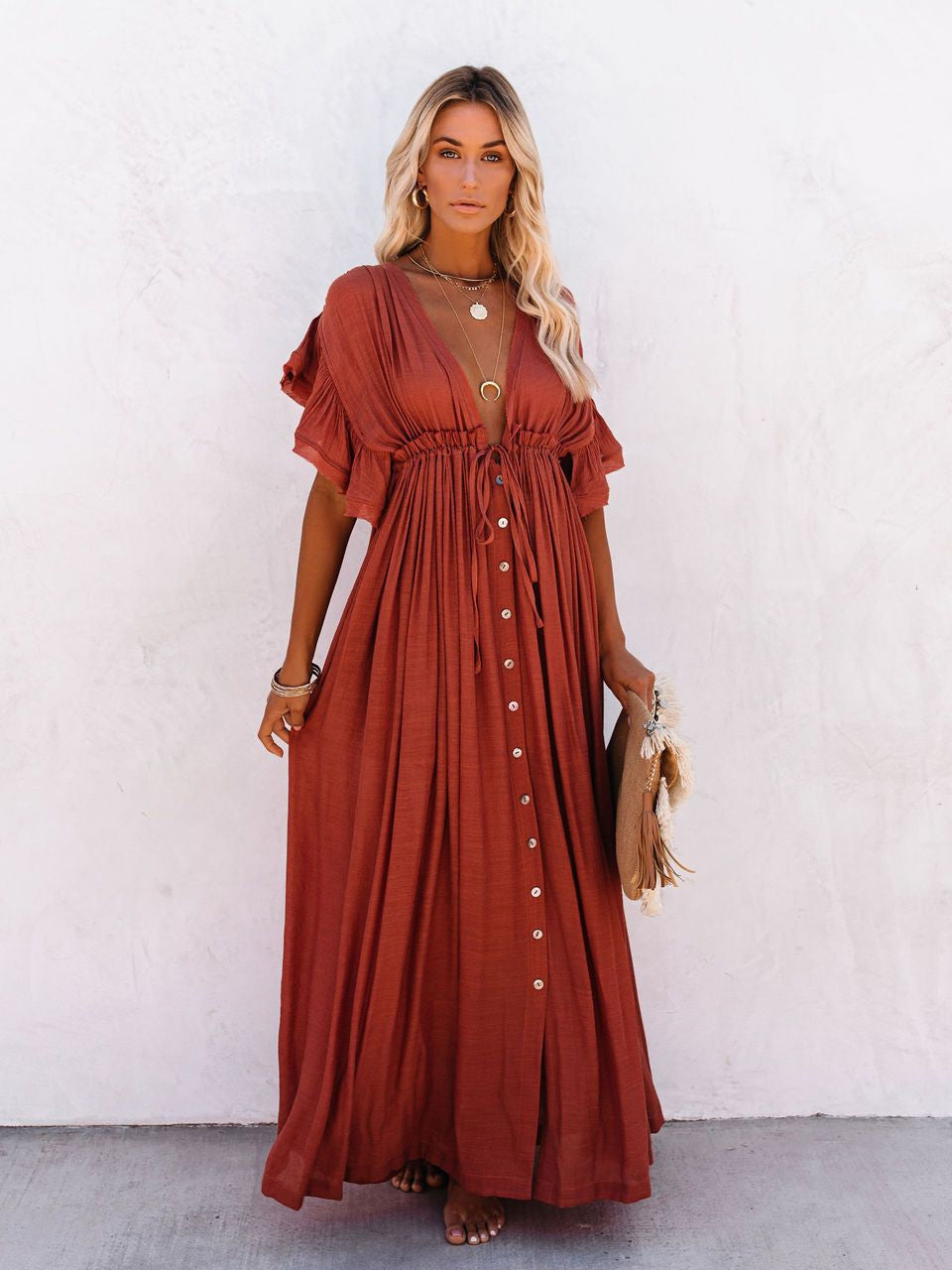 Summer Vacation Short Sleeve A Line Maxi Dress