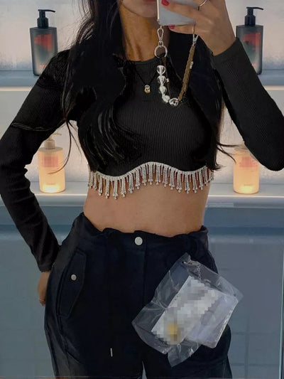 Full Sleeves Rhinestone Tassel Crop Top