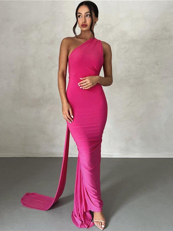 One Shoulder Backless Ruched Maxi Dress