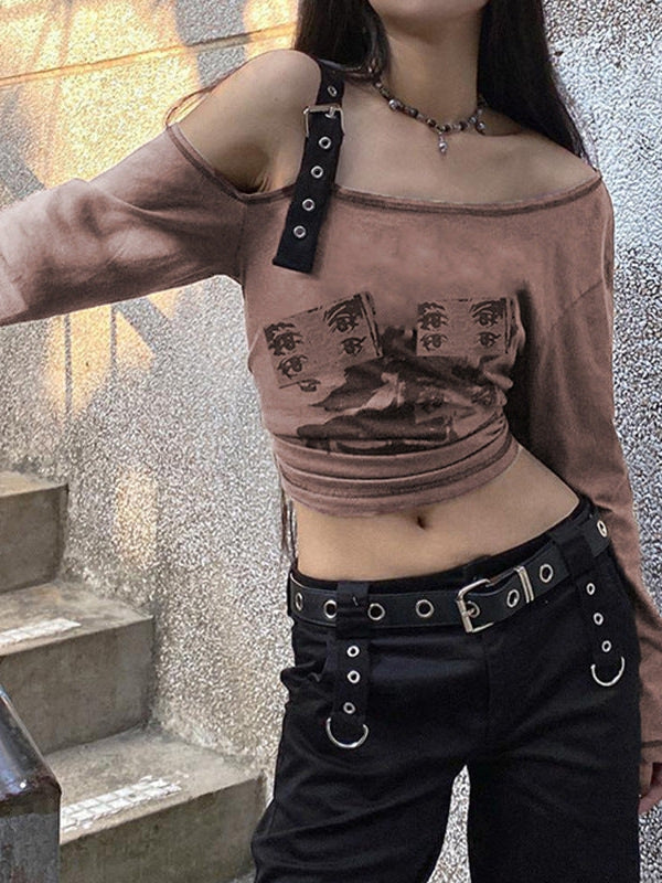 Vintage Print One Shoulder Asymmetric Crop Top T Shirt