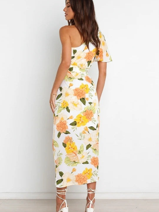One Shoulder Floral Print Asymmetric Dress