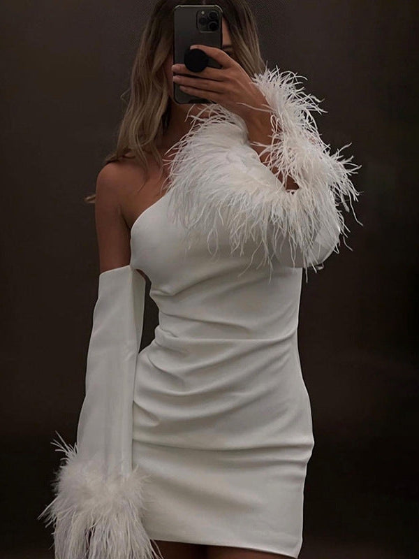 One Shoulder Feather Sleeves Short Dress