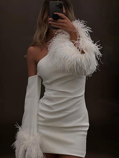 One Shoulder Feather Sleeves Short Dress