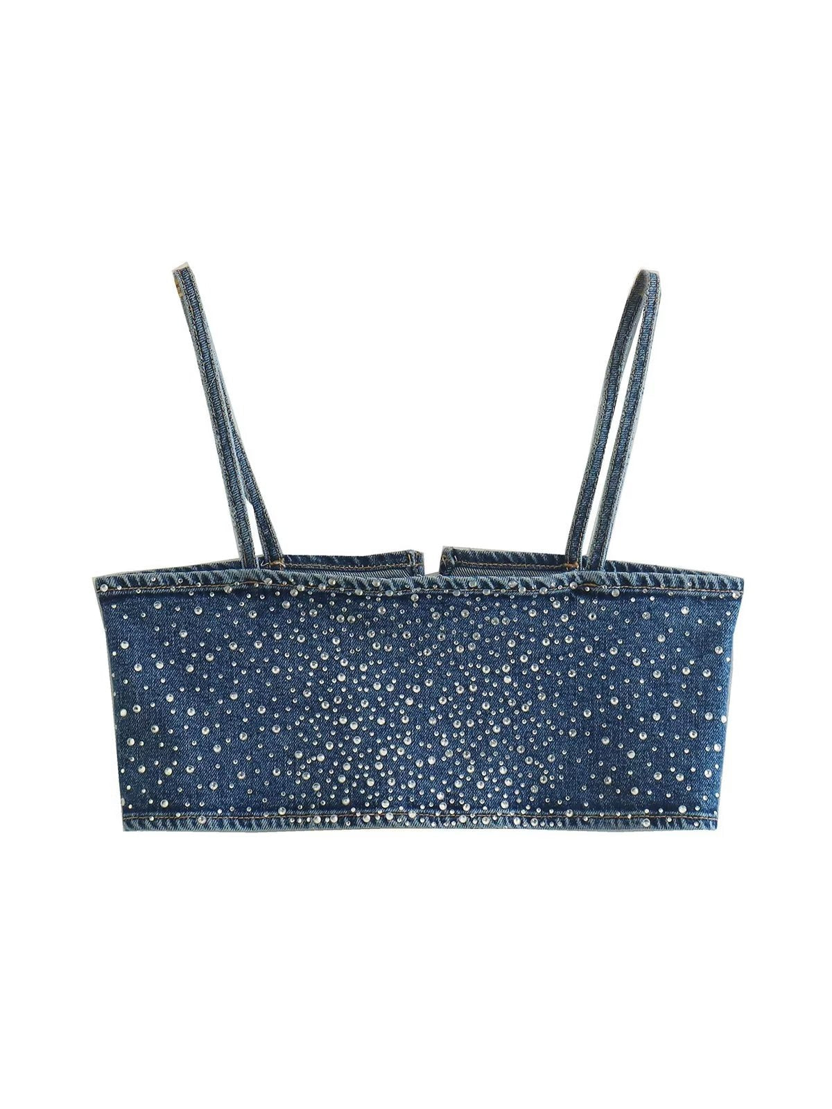 Spaghetti Strap Diamond Studded Denim Crop Top