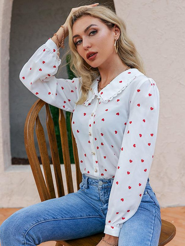Casual Lantern Sleeve Pan Collar Love Pattern Top - SR Store