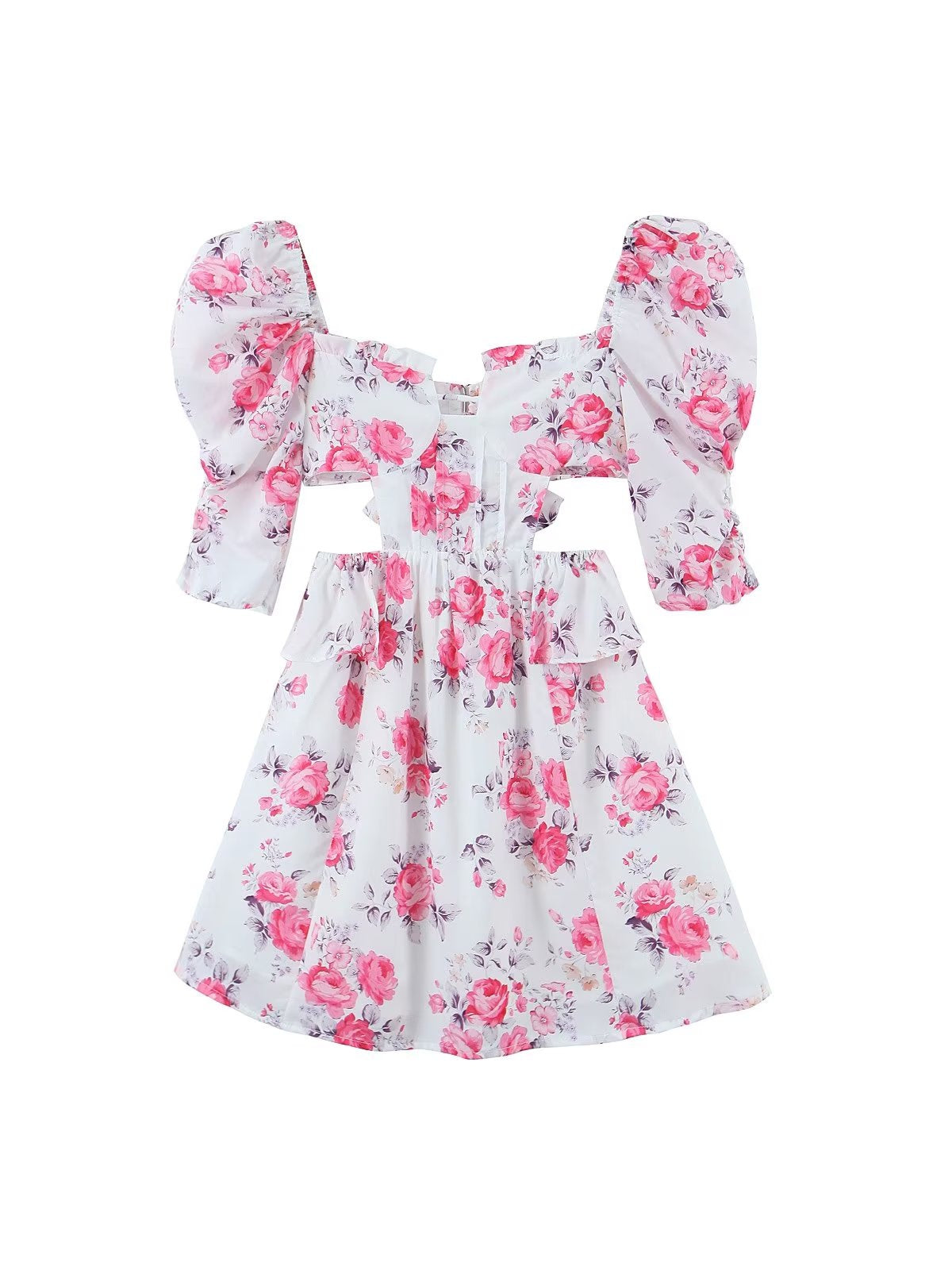 Peony Printed Cutout Puff Sleeve Dress