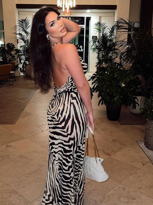 High Slit Zebra Print Backless Maxi Dress