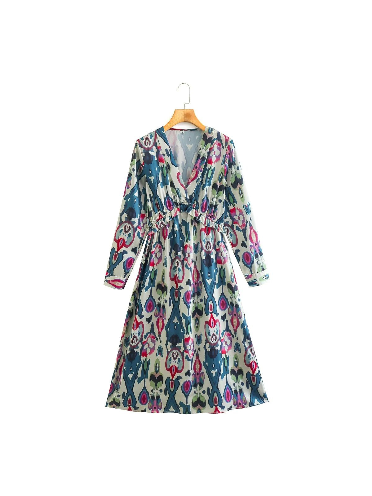 Floral Print Long Sleeve V Neck Printed Midi Dress