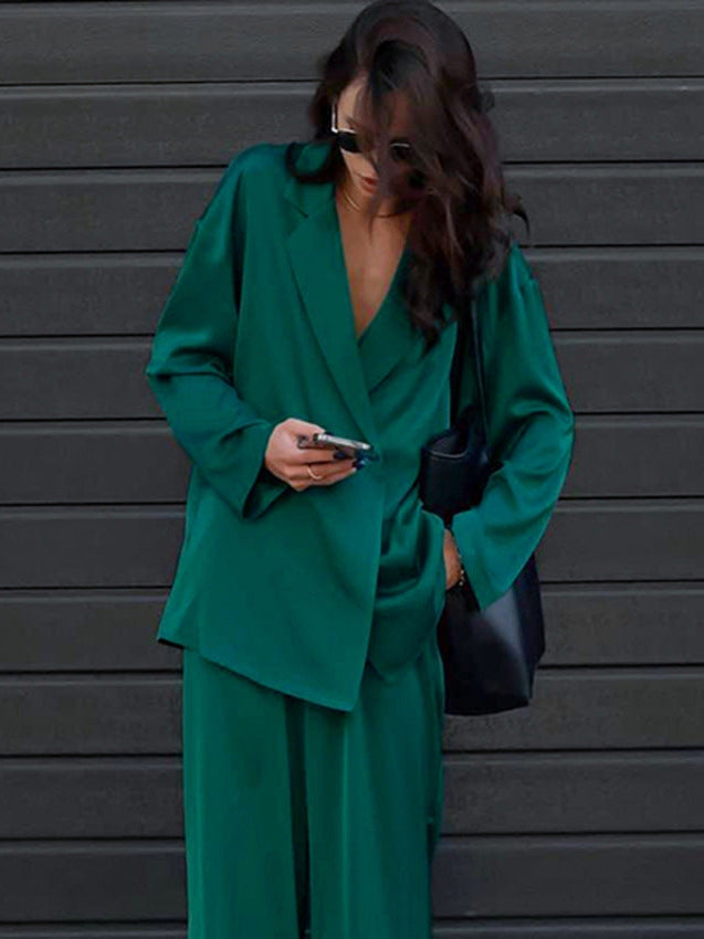Green Satin Drape Blazer & Wide Leg Pants Coord Set