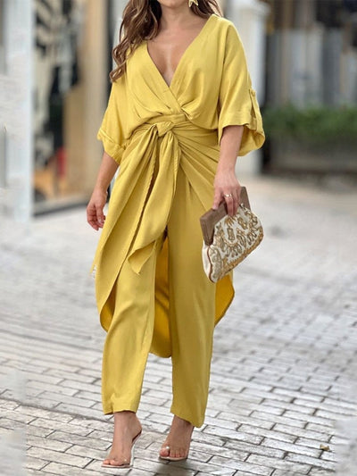 Casual V Neck Short Sleeve Jumpsuit Style Coord Set
