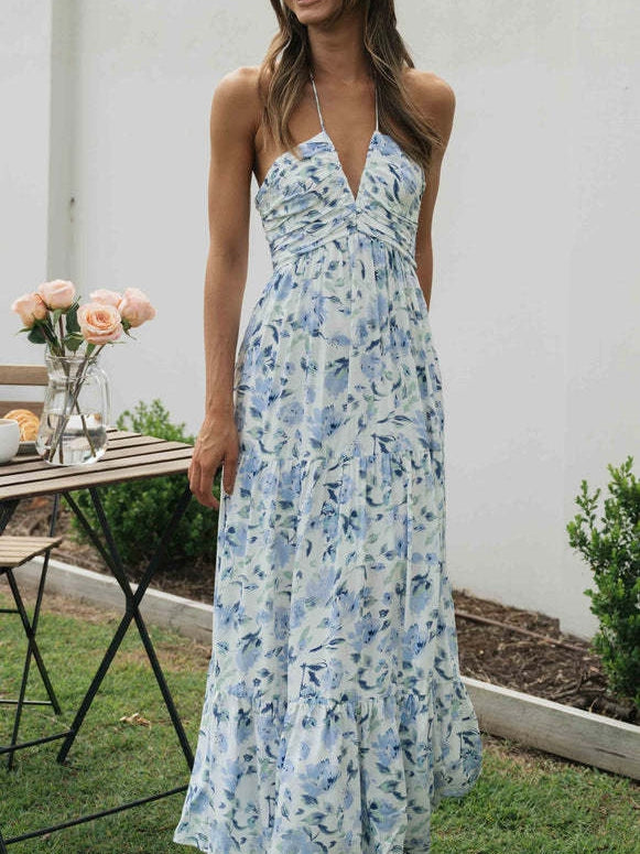 Floral Print Chiffon V Neck Sleeveless Maxi Dress