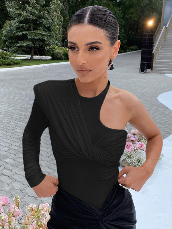 Ruched One Shoulder Pleated Bodysuit Top