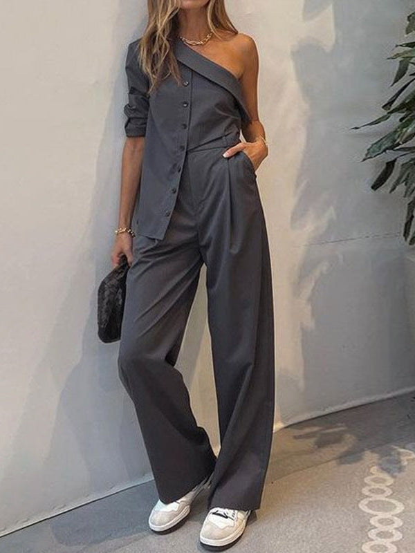 One Shoulder Asymmetric Top & Pants Coors Set