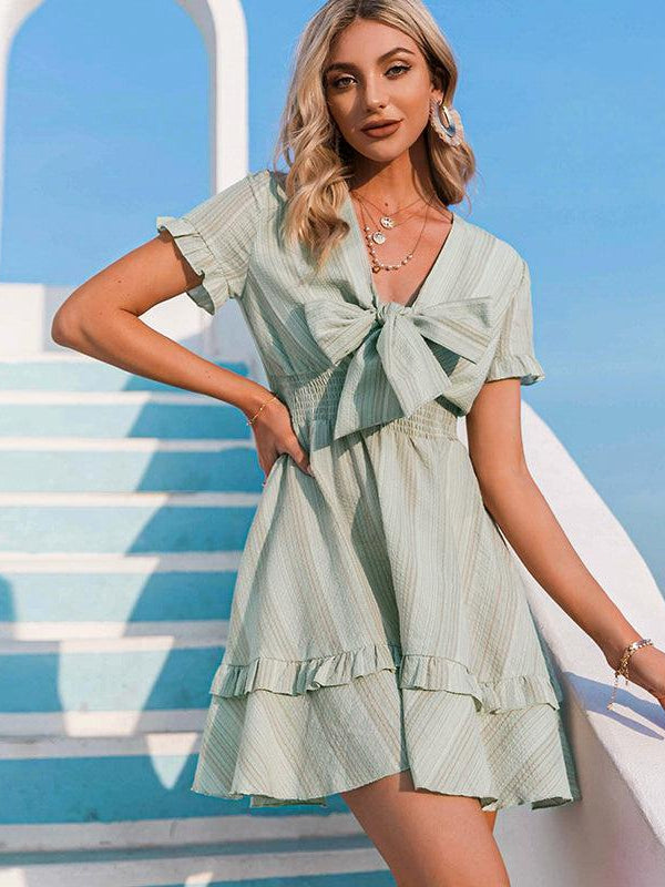 Bow-knot Short Sleeve V-neck Ruffle Stripe Mini Dress