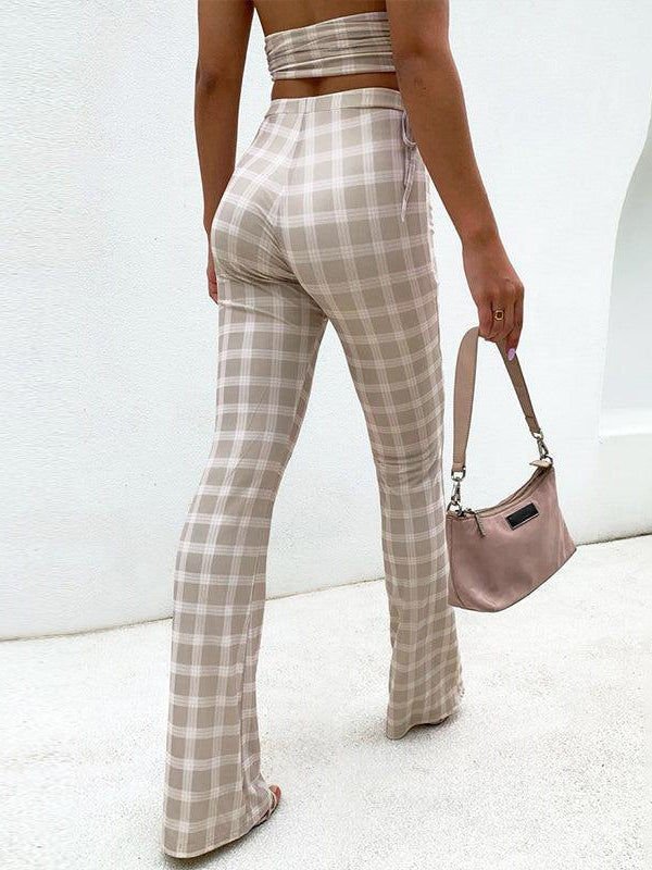 Halter Crop Top and Flare Pants Plaid coord Set