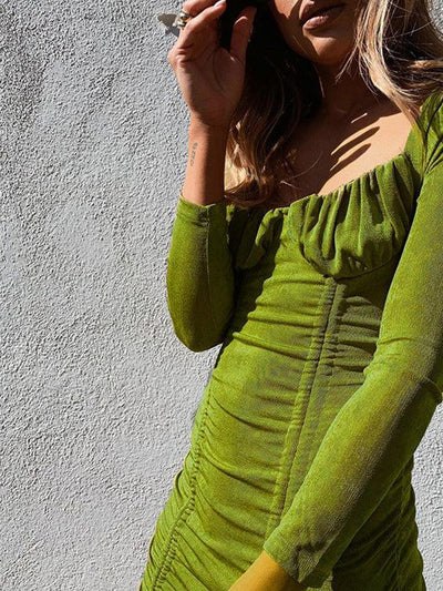 Square Collar Drawstring Shrinkage Mini Dress