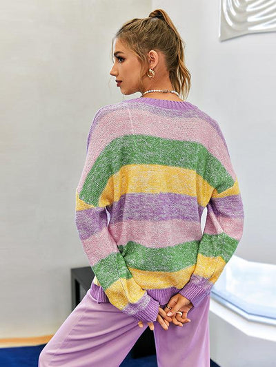 Pearl Button V Neck Purple Color Block Sweater