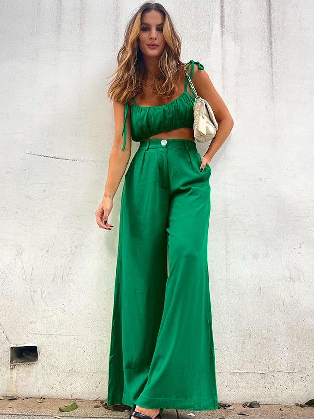Green Ruched Crop Top & Pants Coord Set