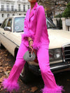 Pink Feather Sleeve Blazer & Feather Pants Coord Set