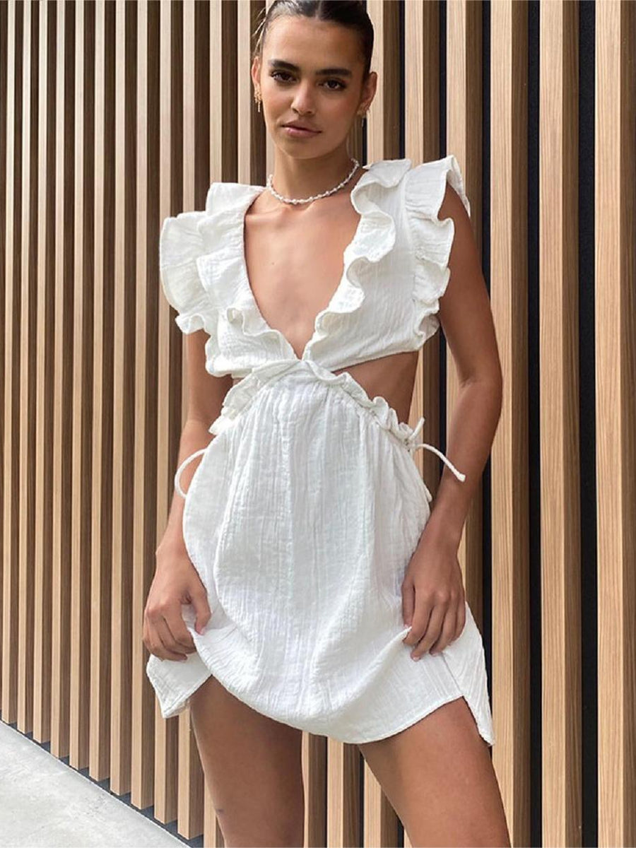 Ruffled Deep V Neck Elastic Lace Waist Sleeveless Dress