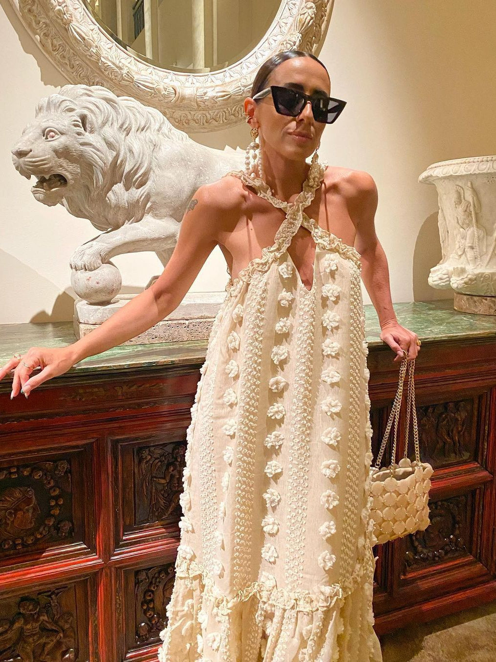 Halter 3D Floral Mop Tiered Dress