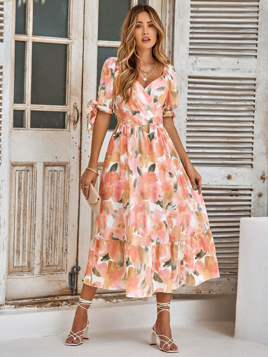 Floral Print Puff Sleeve V neck Maxi Dress