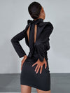 French Turtleneck Backless Lace up Bow A line Dress