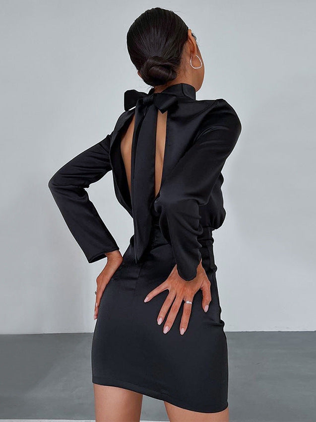 French Turtleneck Backless Lace up Bow A line Dress