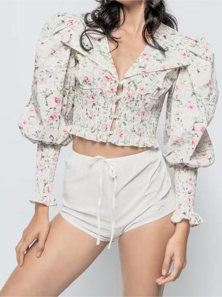 Floral Print Smocked Lantern Sleeve Shirt Top