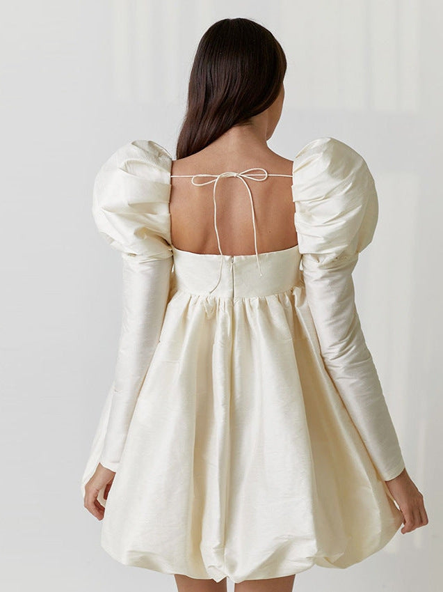 Ice Silk Square Collar Puff Sleeve French Satin Dress