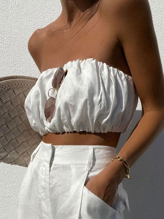 Bandeau Tube Top Cotton Linen High Waist Wide Leg Pants Coord Set