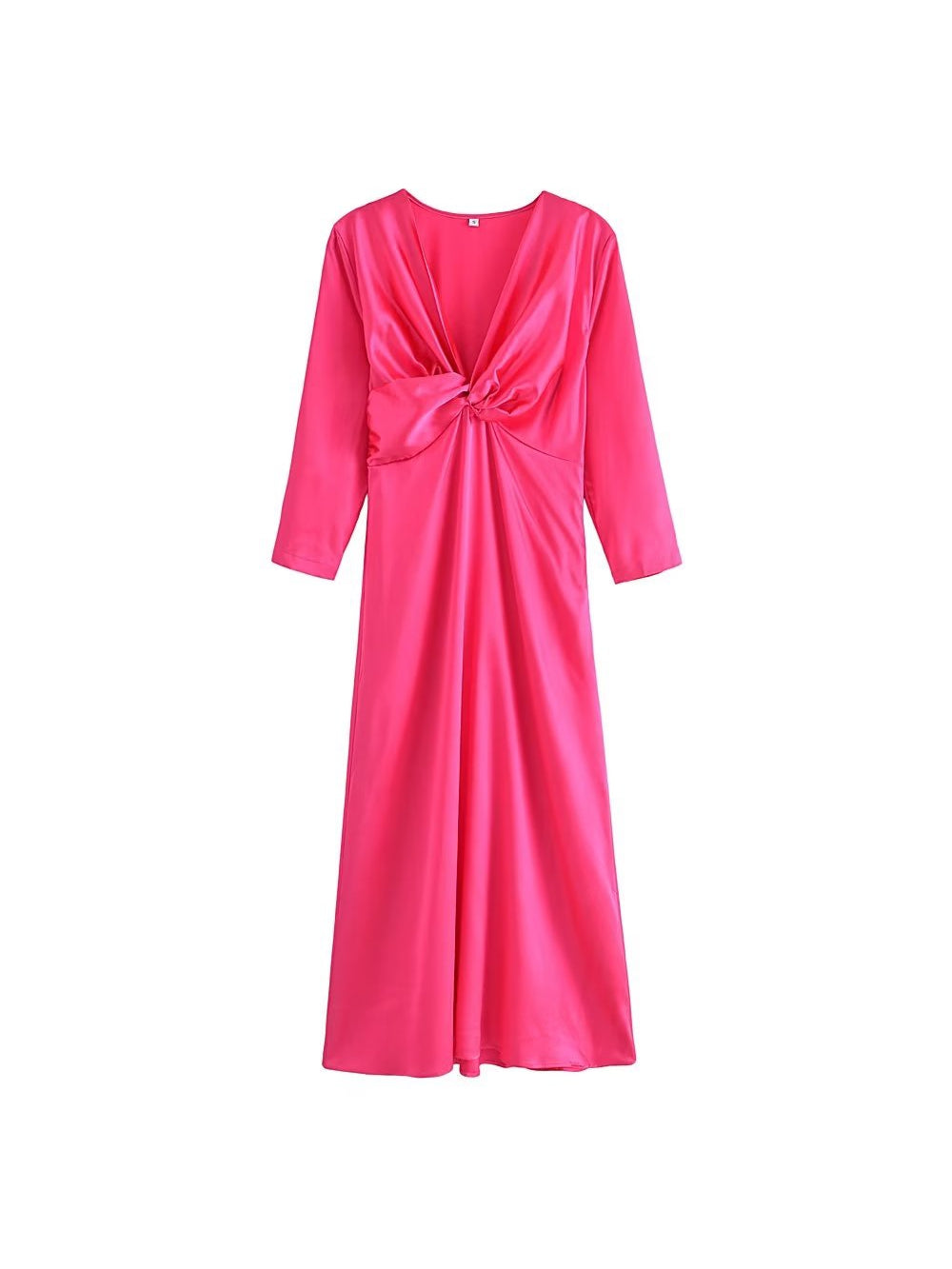 V Neck Silk Forged Texture Bow Tie Elastic Sleeve Dress