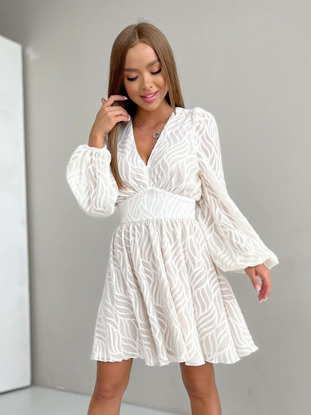 Jacquard Print Lantern Sleeves A Line Dress