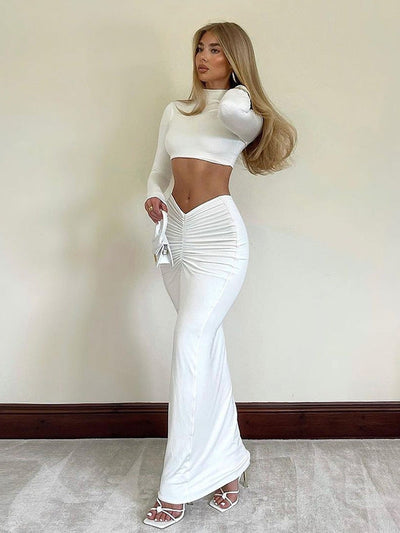 Casual Long Sleeve Turtleneck Top & Pleated Skirt Set